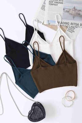 4 lü Paket Askılı Bluz Crop Çok Renkli - Thumbnail