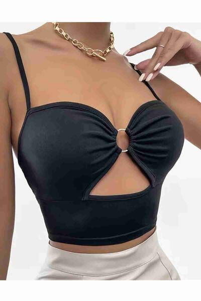 Aksesuarlı Şık Crop Büstiyer T-shirt Siyah
