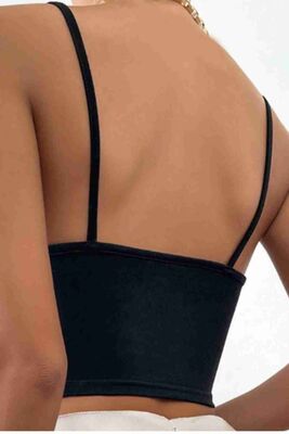Aksesuarlı Şık Crop Büstiyer T-shirt Siyah - Thumbnail