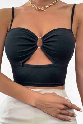 Aksesuarlı Şık Crop Büstiyer T-shirt Siyah - Thumbnail
