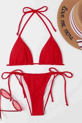 Angelsin Brezilya Model Bağlamalı Bikini Takım Kırmızı MS4165-Kırmızı - Thumbnail