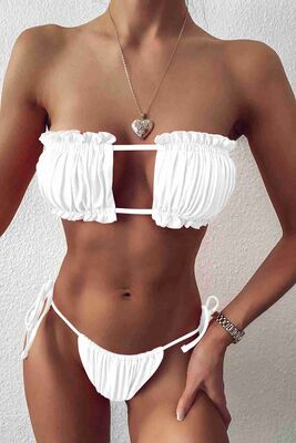 Angelsin Brezilya Model Büzgülü Bağlamalı Bikini Altı Beyaz MS41649 - Thumbnail