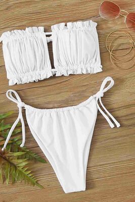 Angelsin Brezilya Model Büzgülü Bağlamalı Bikini Altı Beyaz MS41649 - Thumbnail