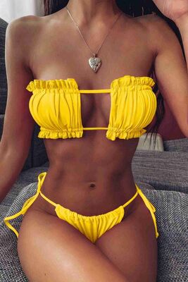 Angelsin Brezilya Model Büzgülü Bağlamalı Bikini Altı Sarı MS41649 - Thumbnail
