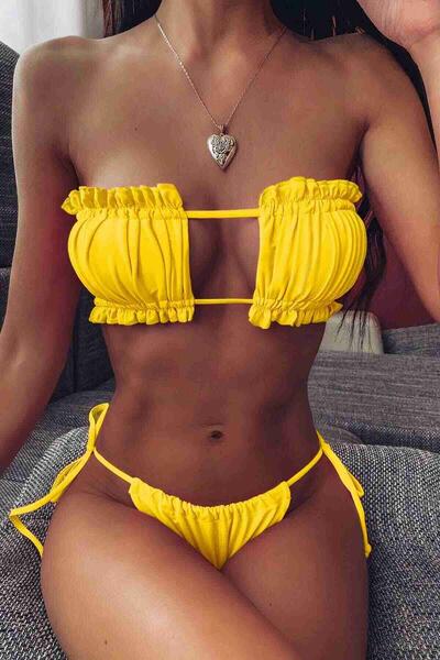 Angelsin Brezilya Model Büzgülü Bağlamalı Bikini Altı Sarı MS41649