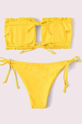 Angelsin Brezilya Model Büzgülü Bağlamalı Bikini Altı Sarı MS41649 - Thumbnail