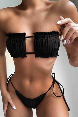Angelsin Brezilya Model Büzgülü Bağlamalı Bikini Altı Siyah MS41649 - Thumbnail