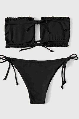 Angelsin Brezilya Model Büzgülü Bağlamalı Bikini Altı Siyah MS41649 - Thumbnail