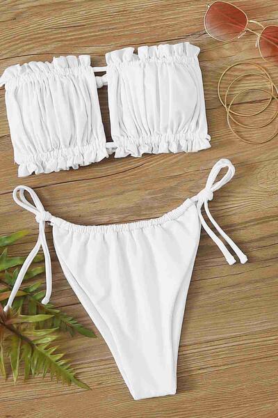 Angelsin Brezilya Model Büzgülü Bağlamalı Bikini Takım Beyaz MS4164