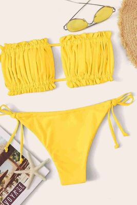 Angelsin Brezilya Model Büzgülü Bağlamalı Bikini Takım Sarı MS4164 - Thumbnail