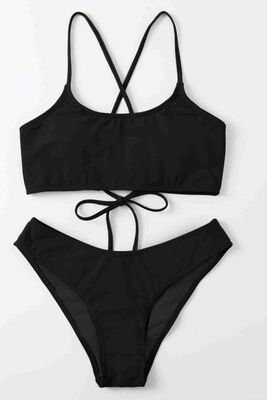 Angelsin Brezilyan Arkadan Büzgülü Sırt Bağlamalı Bikini Takım Siyah MS4228 - Thumbnail