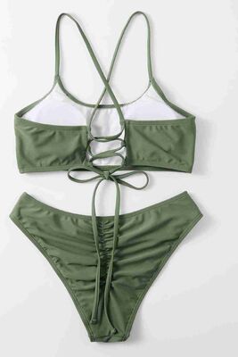Angelsin Brezilyan Arkadan Büzgülü Sırt Bağlamalı Bikini Takım Yeşil MS4228 - Thumbnail