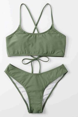 Angelsin Brezilyan Arkadan Büzgülü Sırt Bağlamalı Bikini Takım Yeşil MS4228 - Thumbnail