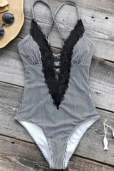 Angelsin Lace Embroidered Black and White Swimsuit - MS4219