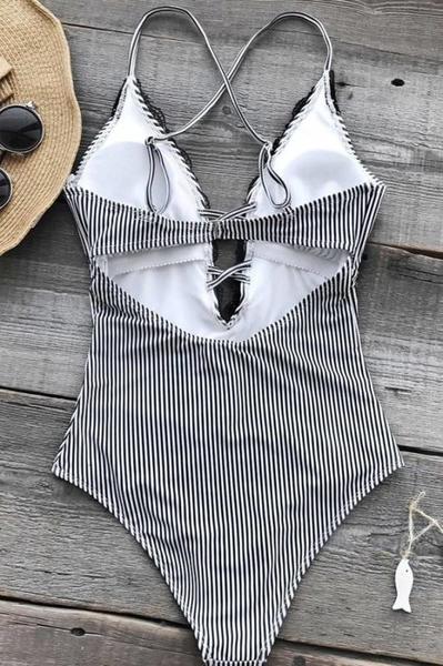 Angelsin Lace Embroidered Black and White Swimsuit - MS4219