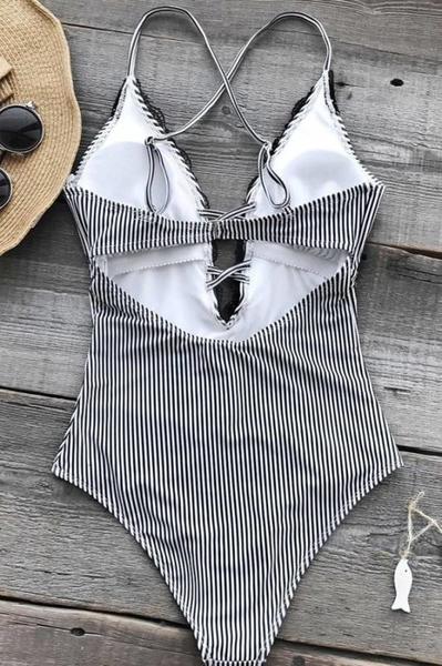 Angelsin Lace Embroidered Black and White Swimsuit - MS4219