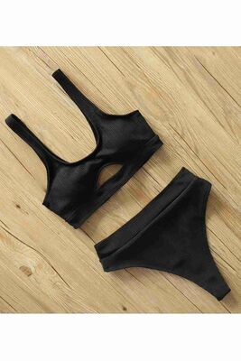 Angelsin Göğüs Dekolteli Bikini Takım Siyah MS4160 - Thumbnail