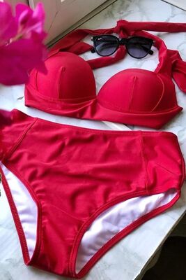Angelsin Kırmızı Yuksek Bel Bikini Takım-MS4205 - Thumbnail