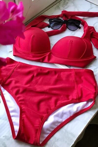 Angelsin Kırmızı Yuksek Bel Bikini Takım-MS4205