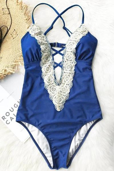 Angelsin Blue Swimsuit With Lace Embroidery - MS4221