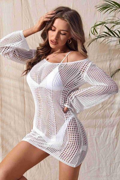 Angelsin Örme Pamuk Uzun Kollu Pareo Plaj Elbisesi Kimono Kaftan 