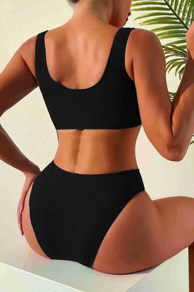 Angelsin Özel Fitilli Kumaş Tankini Bikini Üstü Siyah