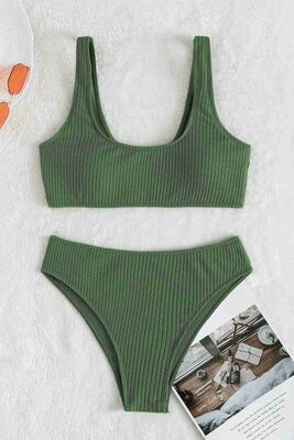 Angelsin Özel Fitilli Kumaş Tankini Bikini Üstü Yeşil MS41699 - Thumbnail