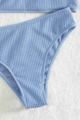 Angelsin Özel Fitilli Kumaş Yüksek Bel Tankini Bikini Takım Mavi MS4169 - Thumbnail