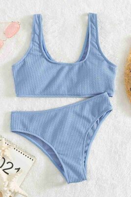 Angelsin Özel Fitilli Kumaş Yüksek Bel Tankini Bikini Takım Mavi MS4169 - Thumbnail