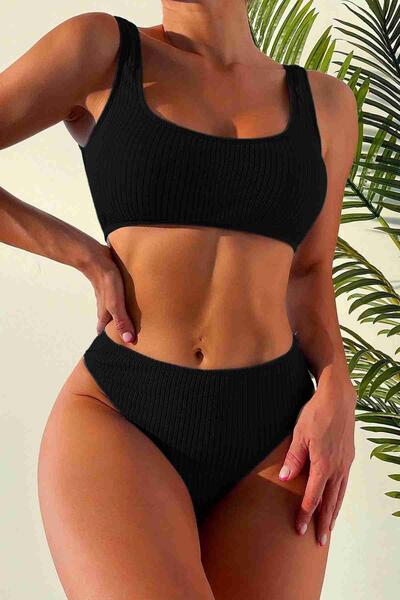 Angelsin Özel Fitilli Kumaş Yüksek Bel Tankini Bikini Takım Siyah-MS4169