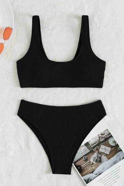 Angelsin Özel Fitilli Kumaş Yüksek Bel Tankini Bikini Takım Siyah-MS4169