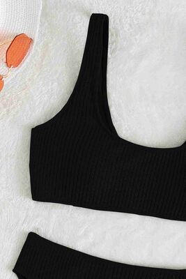 Angelsin Özel Fitilli Kumaş Yüksek Bel Tankini Bikini Takım Siyah-MS4169 - Thumbnail