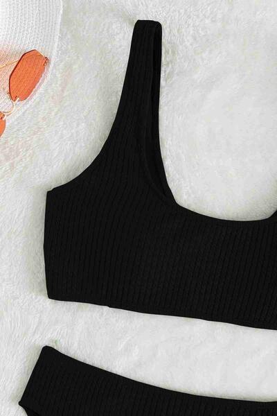 Angelsin Özel Fitilli Kumaş Yüksek Bel Tankini Bikini Takım Siyah-MS4169