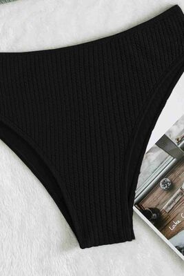 Angelsin Özel Fitilli Kumaş Yüksek Bel Tankini Bikini Takım Siyah-MS4169 - Thumbnail