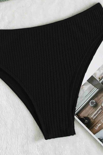 Angelsin Özel Fitilli Kumaş Yüksek Bel Tankini Bikini Takım Siyah-MS4169