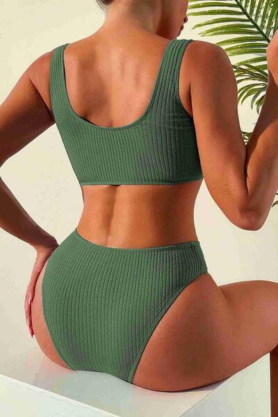 Angelsin Özel Fitilli Kumaş Yüksek Bel Tankini Bikini Takım Yeşil MS4169