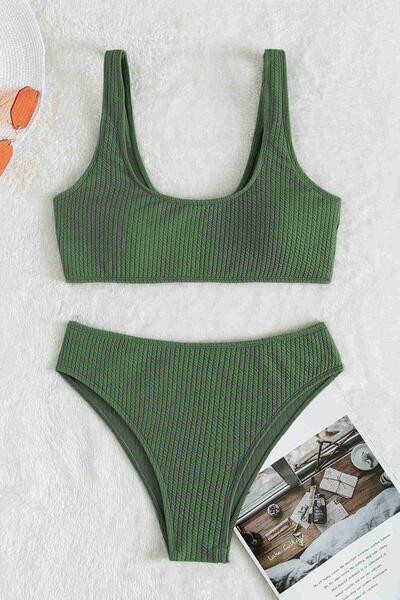 Angelsin Özel Fitilli Kumaş Yüksek Bel Tankini Bikini Takım Yeşil MS4169