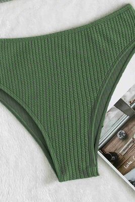 Angelsin Özel Fitilli Kumaş Yüksek Bel Tankini Bikini Takım Yeşil MS4169 - Thumbnail