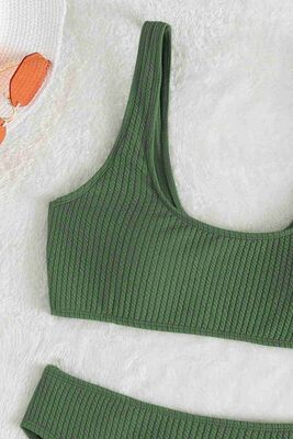 Angelsin Özel Fitilli Kumaş Yüksek Bel Tankini Bikini Takım Yeşil MS4169 - Thumbnail
