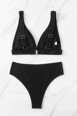 Angelsin Özel Kumaş Yüksel Bel Bikini Takım Siyah-MS4177 - Thumbnail
