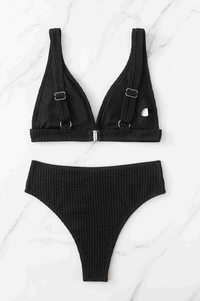 Angelsin Özel Kumaş Yüksel Bel Bikini Takım Siyah-MS4177