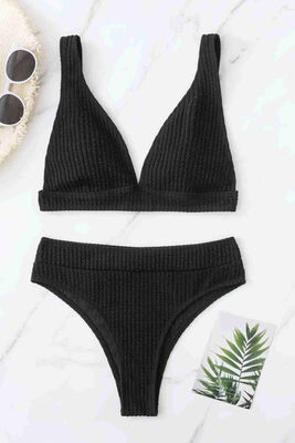 Angelsin Özel Kumaş Yüksel Bel Bikini Takım Siyah-MS4177 - Thumbnail