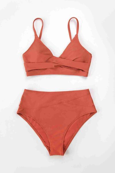 Angelsin Özel Tasarım Önden Çarpraz Yüksek Bel Bikini Takım Kırmızı
