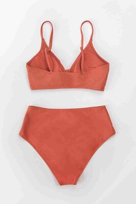 Angelsin Özel Tasarım Önden Çarpraz Yüksek Bel Bikini Takım Kırmızı-MS4200 - Thumbnail