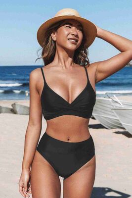 Angelsin Özel Tasarım Önden Çarpraz Yüksek Bel Bikini Takım Siyah-MS4200 - Thumbnail