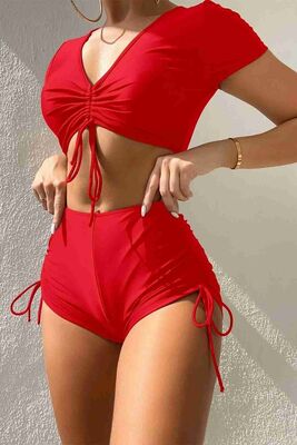 Angelsin Özel tasarım Yarım Kol Büzgü Detaylı Bikini Takım Kırmızı MS4318 - Thumbnail