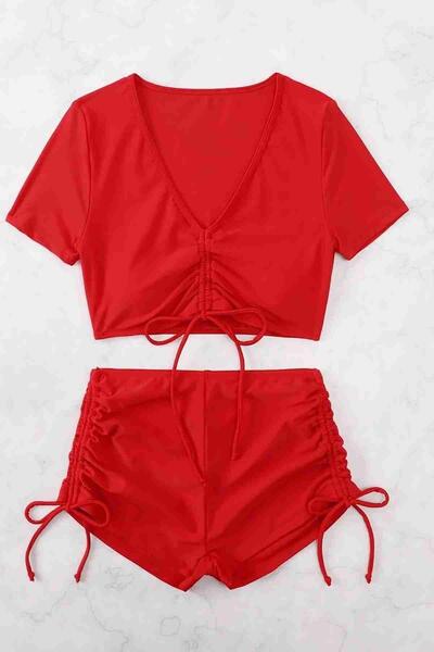 Angelsin Özel tasarım Yarım Kol Büzgü Detaylı Bikini Takım Kırmızı MS4318