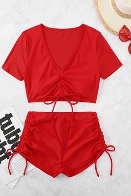 Angelsin Özel tasarım Yarım Kol Büzgü Detaylı Bikini Takım Kırmızı MS4318 - Thumbnail