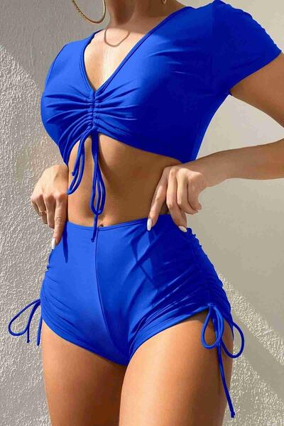 Angelsin Özel tasarım Yarım Kol Büzgü Detaylı Bikini Takım Mavi MS4318