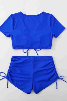 Angelsin Özel tasarım Yarım Kol Büzgü Detaylı Bikini Takım Mavi MS4318 - Thumbnail